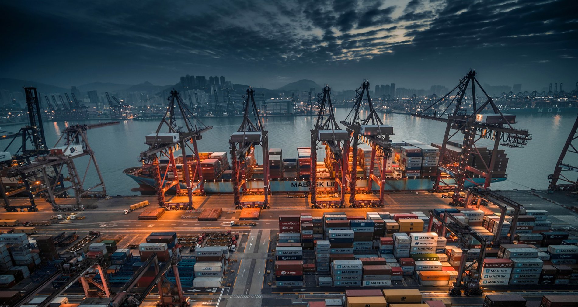 Gantry cranes at dusk