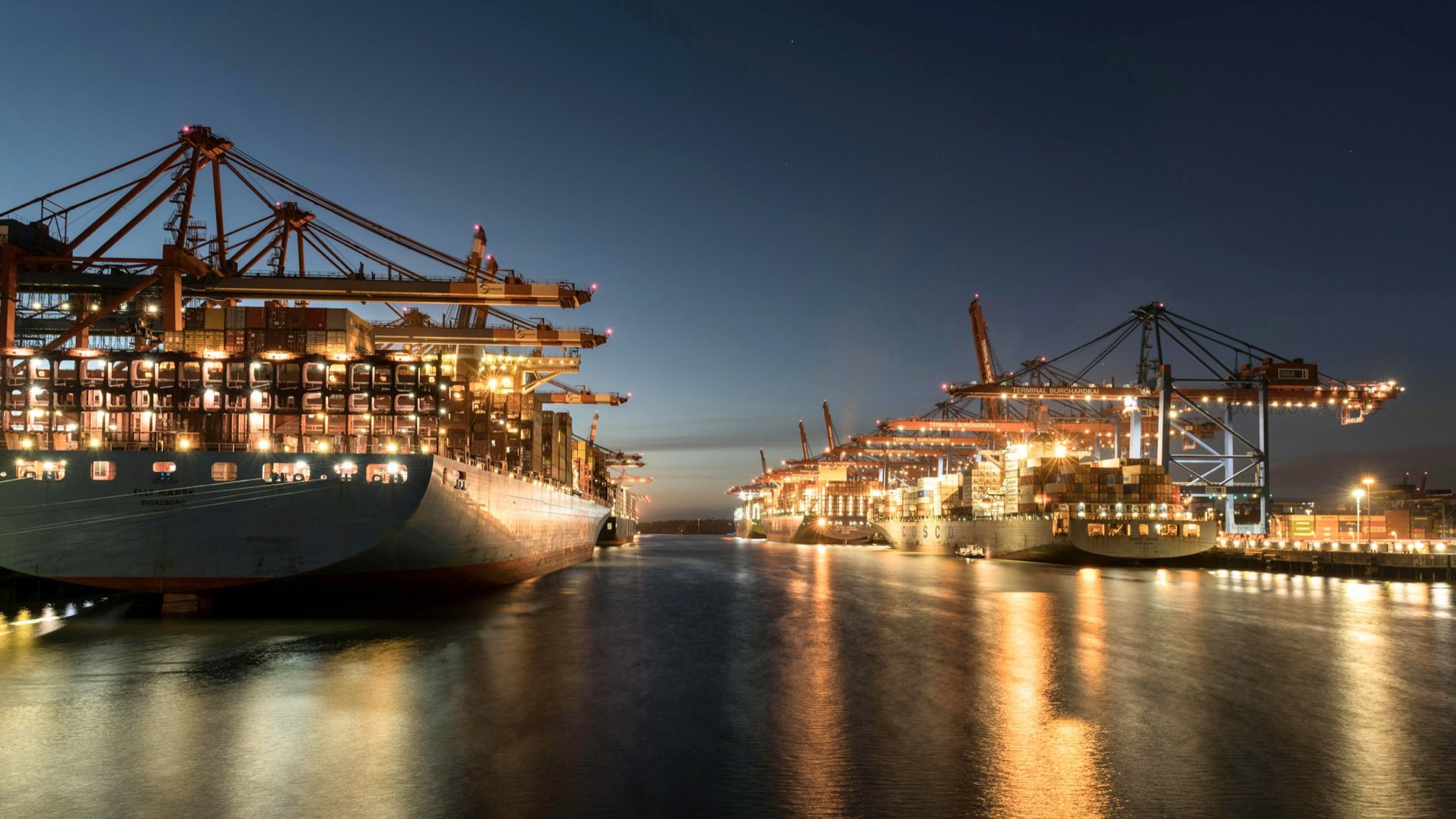 Container terminal at golden hour